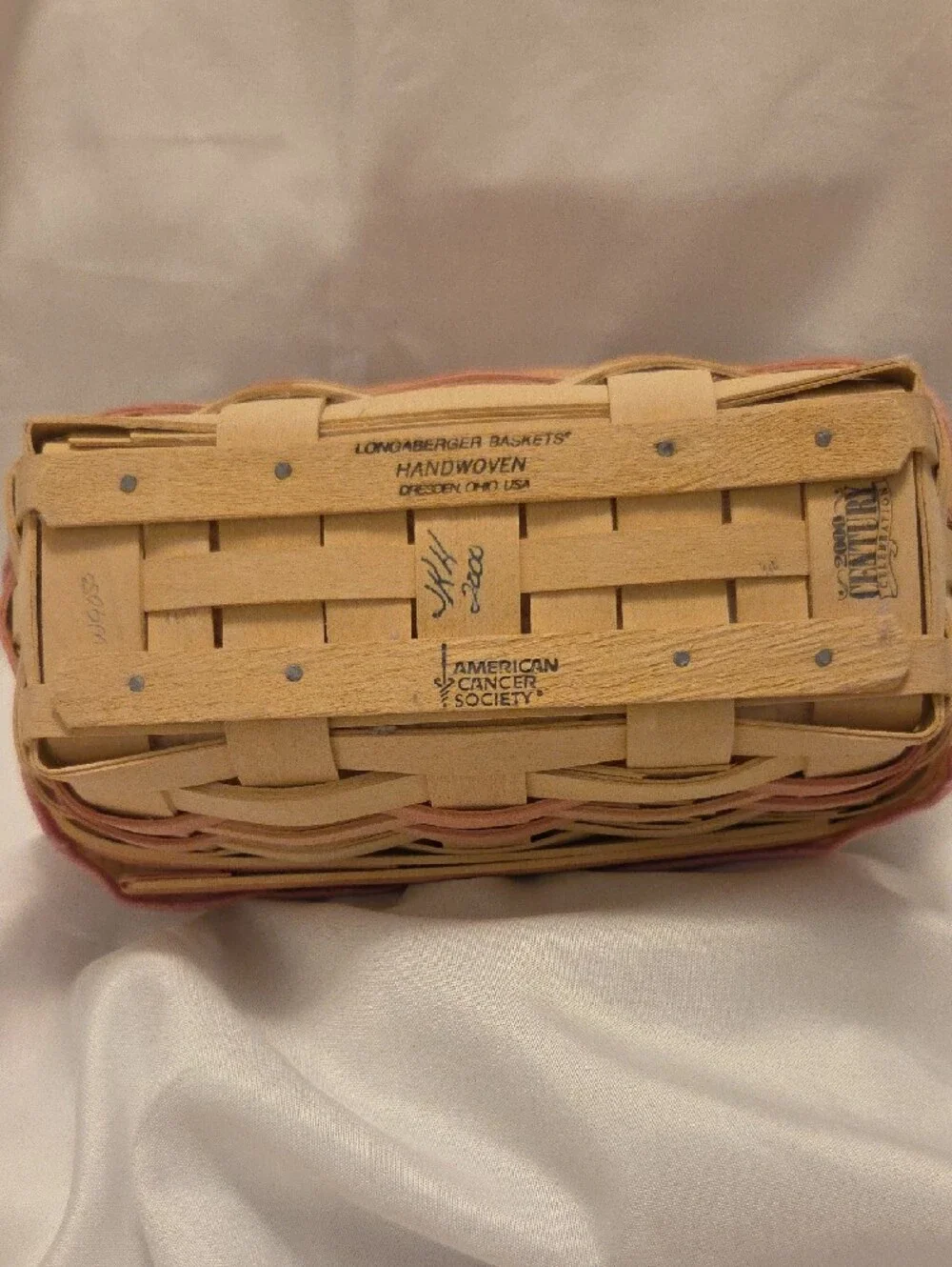 Longaberger Beige and Pink Woven Picnic Basket with Charm